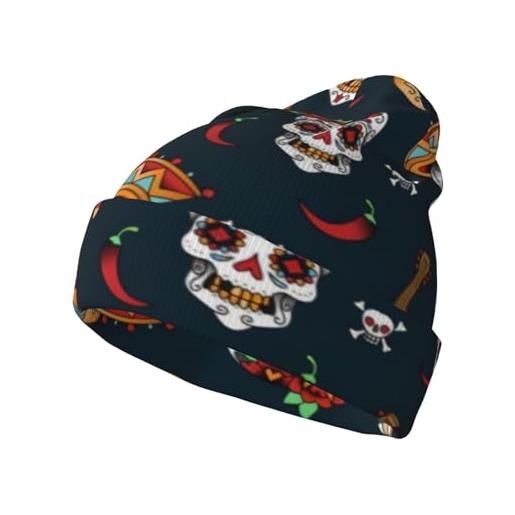 QGWDYYJQ cappello lavorato a maglia con teschio messicano stampato caldo cappello in pile invernale cappello di lana beanie, nero , 5-8