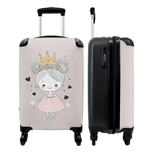 NoBoringSuitcases.com® valigie bagaglio a mano trolley valigia a rotelle valigia da viaggio piccola con 4 ruote - principessa - ragazza - cuori - corona - rosa - bagaglio di bordo