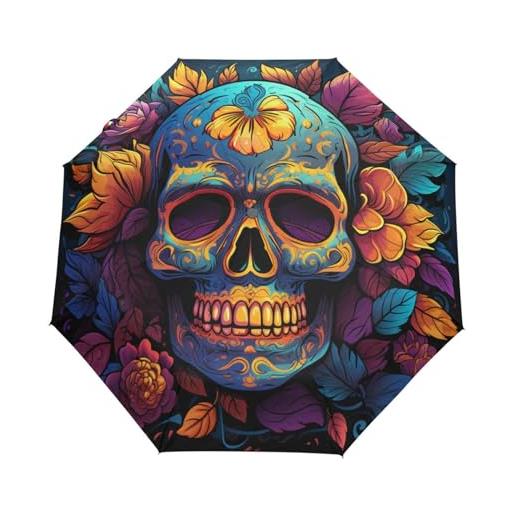 Niigeu foglie di teschio di zucchero di halloween ombrello pieghevole automatico ombrelli antivento protezione uv da viaggio per bambini ragazzi ragazze