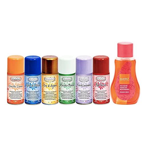 YESHI set 6pezzi deodorante salvatessuti spray 150ml-vanilla lemon-note di pulito-oro&argan-muschio bianco-fresh lavander-red passion + deodorante liquido 375ml