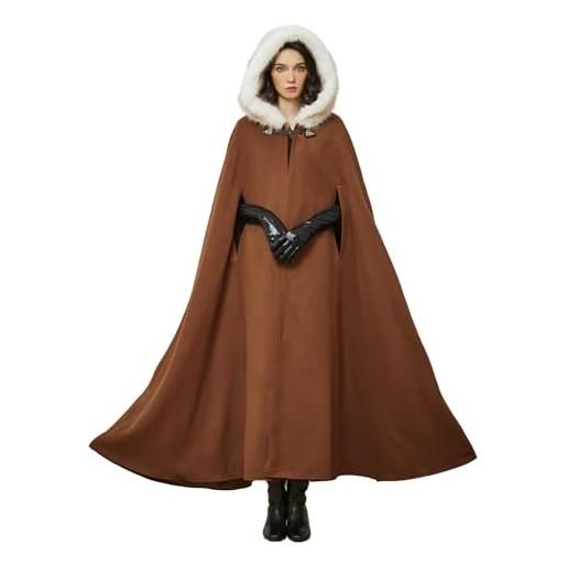 BEAUTELICATE donna mantello con cappuccio in pelliccia sintetica retrò misto lana mantello poncho lungo per medievale rinascimentale cosplay mantello cappotto per matrimonio sposa invernale