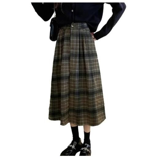 Generic gonna donna linea a gonna midi vita alta scozzese lunga a pieghe svasata tartan vintage calde autunno inverno-nero
