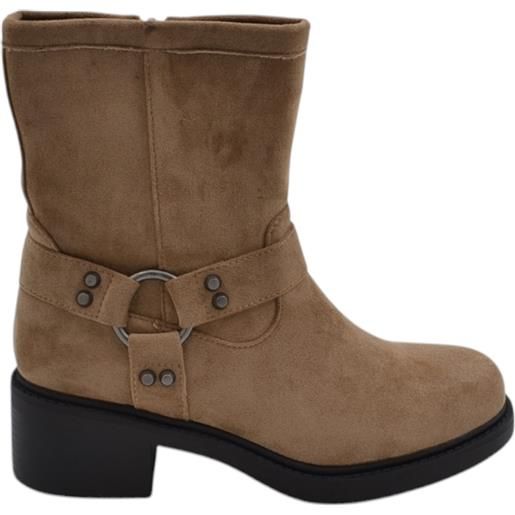 Malu Shoes stivaletto biker donna con fondo roccia alto in camoscio kakhi fibbia cowboy argento zip laterale pelliccia interna