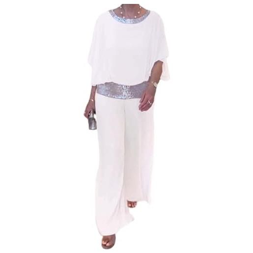 FITPOST paillette-colorblock elegante due pezzi, girocollo chiffon gamba larga gamba pantalone, casual allentato estate paillettes pantsuits, bianco, m