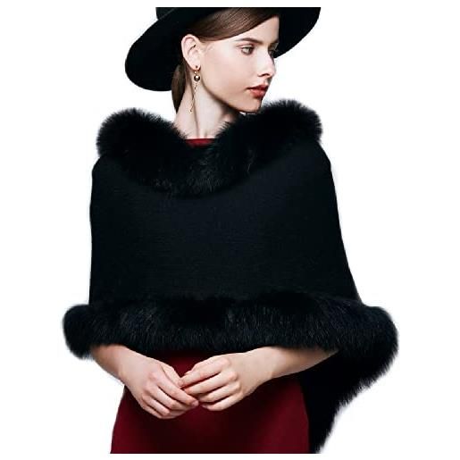 Brillabenny mantella luxury lusso elegante lana e pelliccia volpe nera cardigan scialle soprabito poncho giacca (m/l, nero)