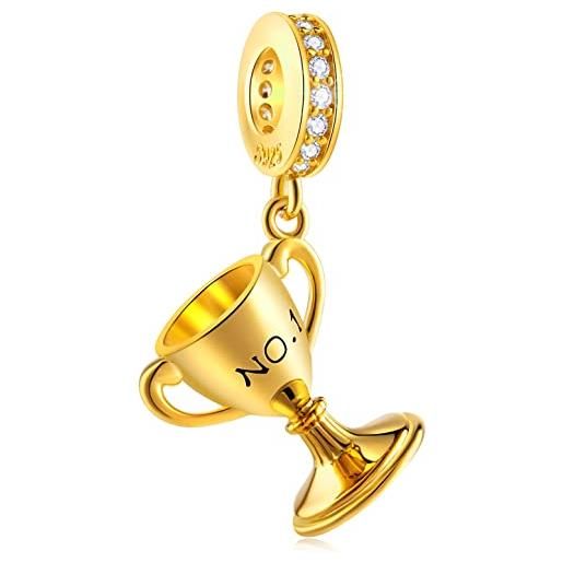 GLOWDAS 18k oro giallo placcato vincitore trofeo ciondolo charms fit braccialetto sportivo pandora, no. 1 campione premio coppa ciondolo perline in argento sterling 925, regalo per migliori amici/ragazza
