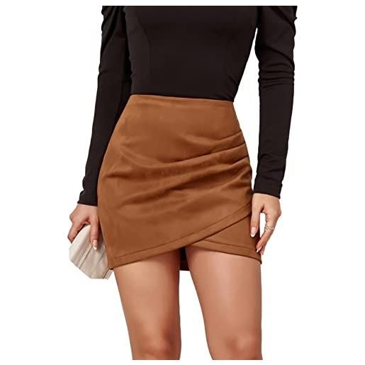 Mingnos minigonna da donna in finta pelle scamosciata irregolare con chiusura a cerniera increspata incrociata, cachi, xl