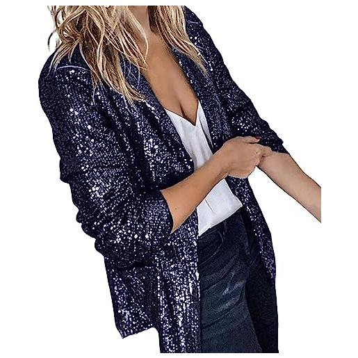 EMUKFD cappotto da donna aperto davanti con paillettes glitterato scintillante las vegas vacation blazer party club cocktail giacca concerto outfits, marina militare, xl