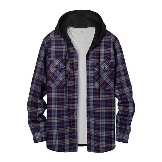 QIXING felpe con cappuccio da uomo in flanella a quadri, giacca camicia con cappuccio, invernale, foderata in pile, calda, a maniche lunghe, morbida, con bottoni, cappotto con cappuccio, grigio rosso