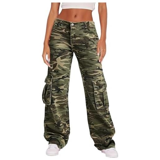 XUSAI jeans cargo mimetici larghi a vita alta da donna pantaloni casual in denim a gamba dritta tattica allentata, verde, s