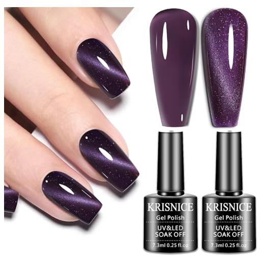KRISNICE smalto semipermanente unghie trasparente, 1pezzi smalti semipermanenti per unghie viola trasparente uv led, 1pezzi viola cat eye, soak off smalto gel unghie uv gel nail polish(kcs2-011)