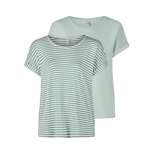 Only maglietta da donna con scollo rotondo, confezione da 2 pezzi, basic a maniche corte, girocollo, vestibilità normale, estiva, a righe, jadeite w/cd stripes, s