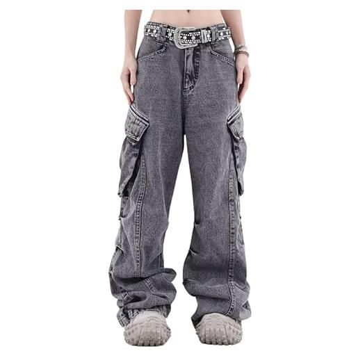 Lafaguw pantaloni cargo da donna a vita bassa larghi jeans tasca gamba larga casual trendy streetwear grunge emo vestiti, blu 2, xl