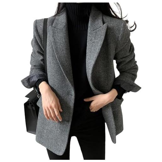 Yancremio blazer casual da lavoro invernale in misto lana da donna moda tendenza ampia monopetto formale elegante giacca in tweed caldo con risvolto tinta unita (grigio, m)
