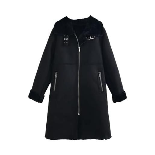 Ffnkrnfi giacca da donna spessa calda, lunga, parka, trench, in pelle di pecora, cappotto vintage, soprabito, indumento da indossare all'aria aperta, nero , s