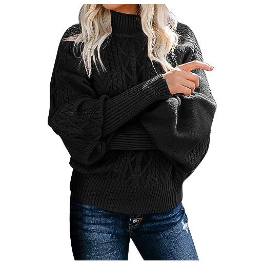 BIISDOST maglione a collo alto, da donna, a maniche lunghe, caldo, vintage, maglione invernale elegante, a collo alto, a costine, nero , xxl