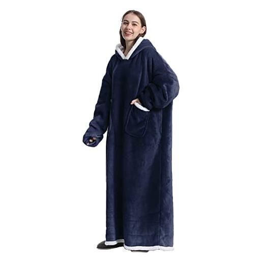 Boikey coperta a maniche lunghe con cappuccio, oversized wearable con cappuccio, super spessore caldo fleece sherpa cozy blanket hoodie con tasche e maniche (blu marino)