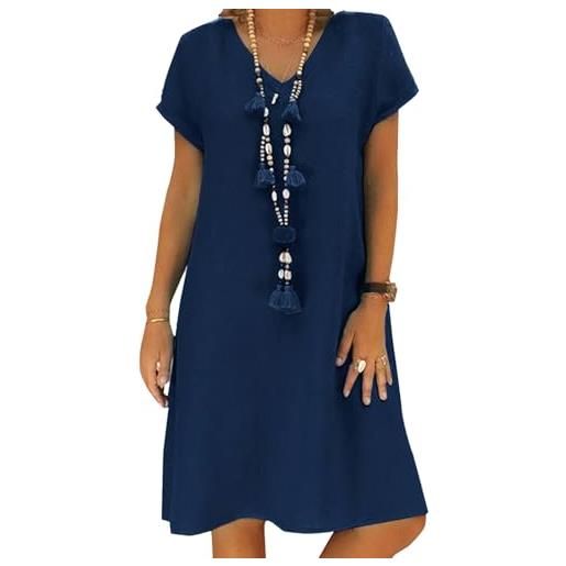Tincini abito estivo da donna in lino, casual, con scollo a v, a maniche corte, linea ad a, senza accessori, e blu. , xl