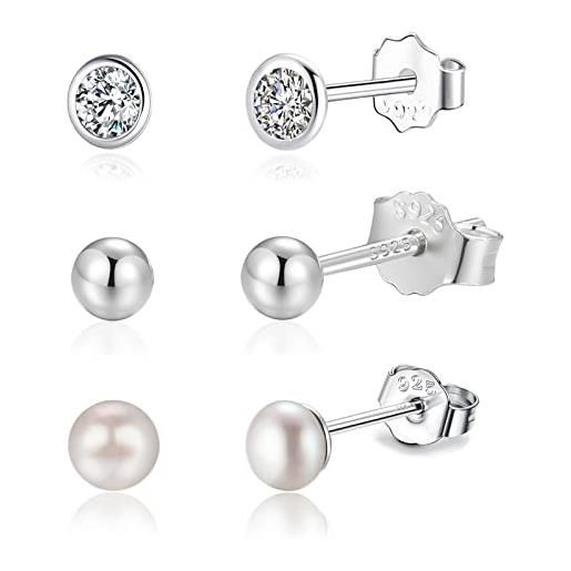 Candyfancy orecchini con perle d'acqua dolce, piccoli mini 3 mm, 4 mm, 5 mm, vere perle d'acqua dolce coltivate in argento sterling 925, placcati in oro, per ragazze, zirconia cubica, zirconia cubica