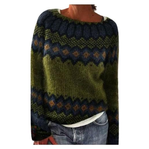 Rrongwn maglione invernale da donna, lavorato a maglia fine, per attività all'aria aperta, a maniche lunghe, invernale, vintage, a maglia grossa, girocollo, patchwork, verde, l