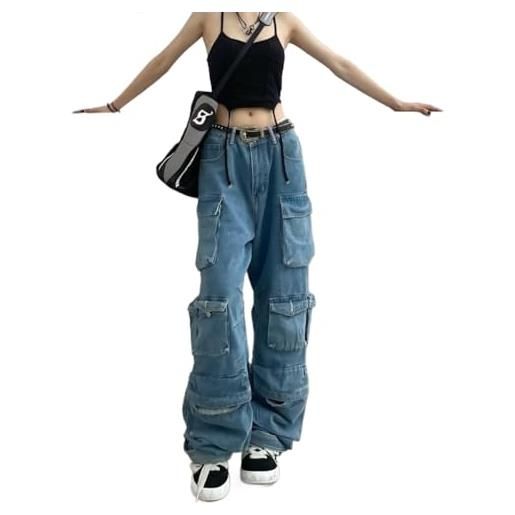 Suncadmious jeans baggy da uomo y2k goth gamba larga con tasche multiple donne moda 90s hiphop pantaloni cargo y2k harajuku streetwear (nero, s)