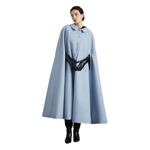 BEAUTELICATE mantello cappotto donna lungo in lana misto vintage mantello ampio caldo poncho cape per sera matrimonio quotidiano inverno autunno con tasche a bottone blu 128 cm