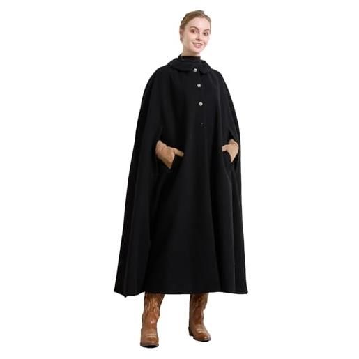 BEAUTELICATE mantello cappotto donna lungo in lana misto vintage mantello ampio caldo poncho cape per sera matrimonio quotidiano inverno autunno con tasche a bottone nero, l