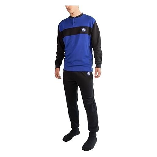 hermet inter, pigiama serafino in interlock di cotone, pigiama per bambini o ragazzi, 100% cotone, maglia più pantalone, blu e nero, con logo dell'inter, 5 anni