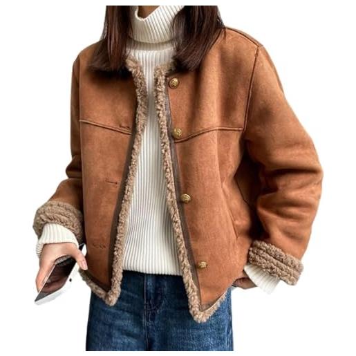 Goolecrimp donna inverno peluche finto camoscio giacca monopetto moda casual imbottito foderato giacca elegante business caldo girocollo giacca corta (marrone, l)