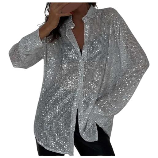 Vhersily 2025 offerte - magliette con paillettes donna elegante argento manica lunga magliette brillantini natale maglietta curvy cardigan t-shirt maglia taglie forti strass camicia sera glitter