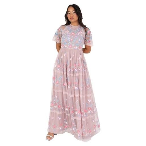 Maya Deluxe women's ladies maxi dress short sleeve round neck floral embroidered tulle lace trim a-line wedding guest prom ball gown, vestito da donna, frosted pink, 