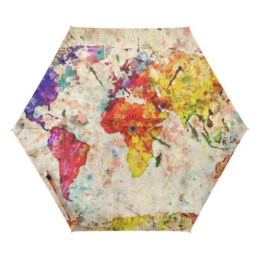 ISAOA ombrello da viaggio vintage colorato mappa del mondo pieghevole ombrello automatico aperto e chiuso, ombrello portatile, forte telaio in fibra di vetro, baldacchino rinforzato, ombrello uv, #01, 