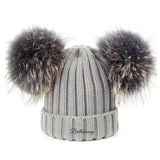 Brillabenny cappello pelliccia vera pon pon grigio grey 1-4 anni cuffia berretto bimba bimbo hat fur baby lusso