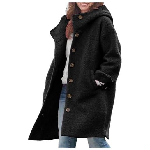Juankrynord cappotto lungo in tweed monopetto invernale da donna con cappuccio cappotto lungo in autunno e inverno giacca a vento cardigan caldo cappotto medio (nero, m)