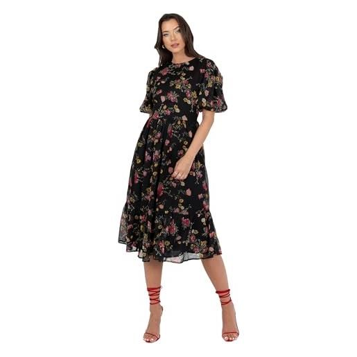 Lovedrobe women's midi dress ladies sweetheart neck short puff sleeve frilly ruffle detail floral print a-line smart casual vestito, nero, 46 donna
