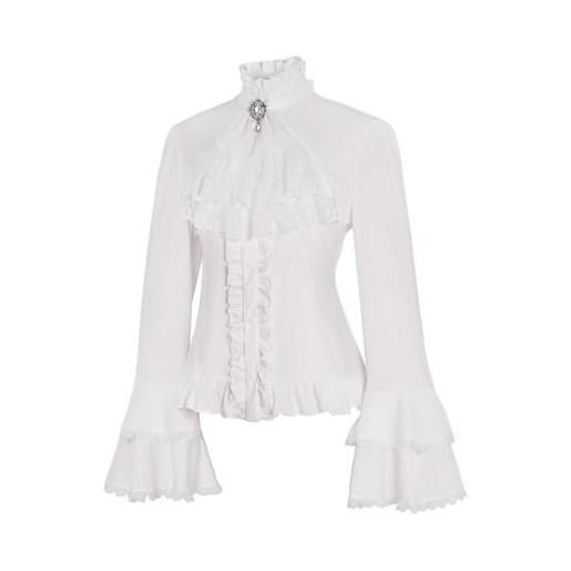 Inzegao camicette vintage da donna svasate a maniche lunghe t-shirt in pizzo con volant e collo alto lolita top, bianco, l