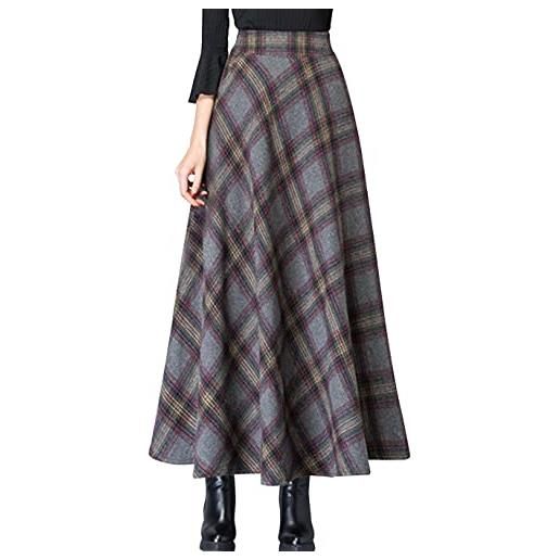 Ebossy maxi gonna lunga da donna a vita alta in misto lana, scozzese, svasata, con tasca (xl, grigio)