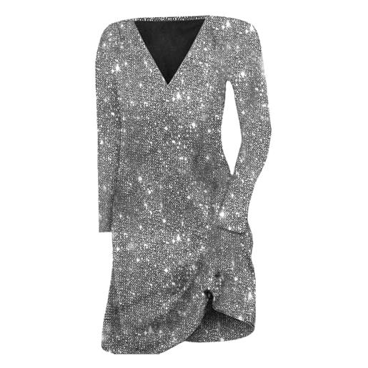 XUEJIANN abito con paillettes in argento, da donna, con paillettes, a maniche lunghe, elegante, per feste, autunno, taglie forti, elegante, sexy, per feste, grigio. , 3xl