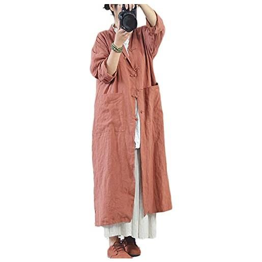 NFYM donne vintage cotone lino trench cappotti pulsante stand tinta unita manica lunga tasche giacche lunghe, arancione, taglia unica