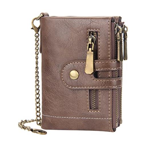 HelloCreate portafoglio da uomo con catena anti-smarrimento, in pelle pu, con doppia cerniera e tasca per monete, cachi, m, alla moda