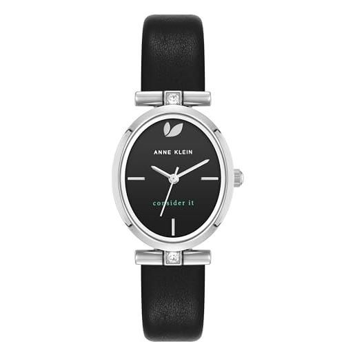 Anne klein orologio da donna con cinturino in pelle sostenibile con accenti di cristalli premium, nero (black/silver)