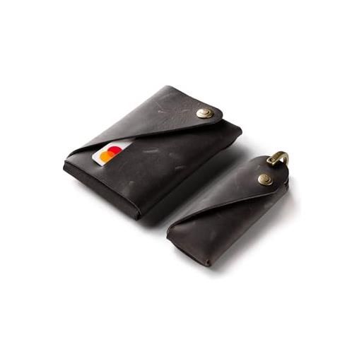 Crazy Horse Craft, set di portafogli e portachiavi minimalisti, marrone classico, porta carte, piccolo pacchetto portachiavi, custodia per carte, kit portachiavi, nero carbonio. , small - for keys up