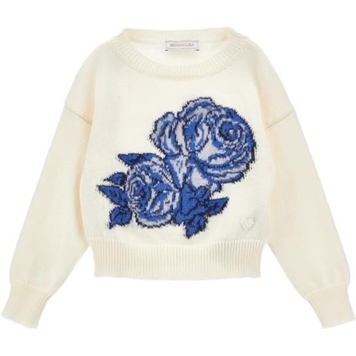 Monnalisa pull cotone lana con rosa intarsiata