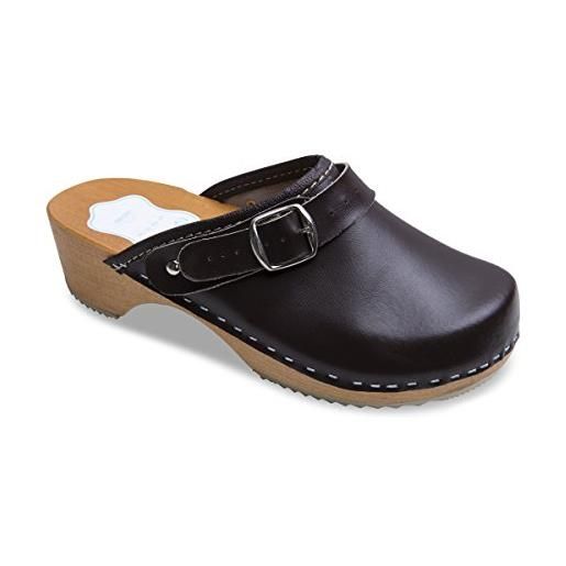 Futuro Fashion® - zoccoli in pelle con suola in legno naturale - unisex - tinta unita - misure dal 36 al 42 - marrone - 40 eu