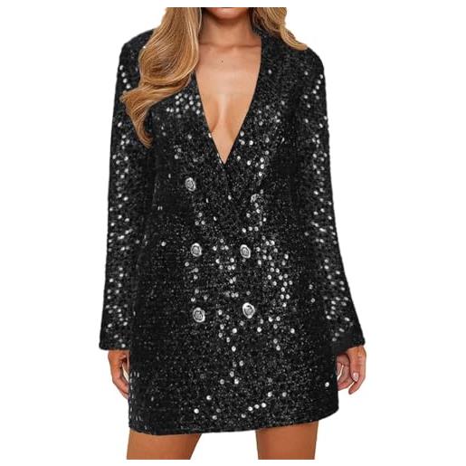 Minetom blazer da donna blazer abito in paillettes mini abiti brillante giacca scollo a v manica lunga slim sexy cardigan aperto feste party club wear a nero xl