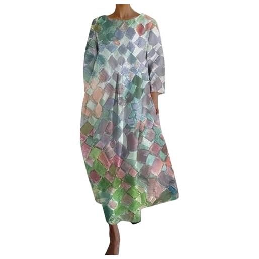 AMDOLE abiti in lino da donna uk abito da donna allentato con scollo rotondo alla moda senior a maniche lunghe stampato con scollo a v abiti da donna uk, verde, l