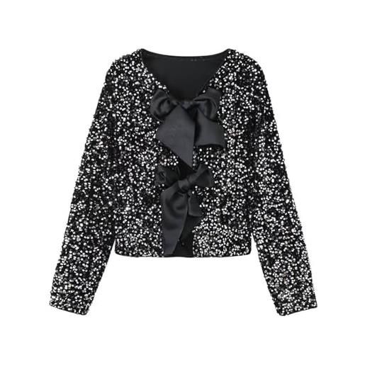 Generic giubbotto bolero da donna con paillette, bolero con brillantini, con fiocchi sul davanti, aperto, a maniche lunghe, con paillettes, y2k, per cocktail, feste, bolero per abito da sera, nero , m