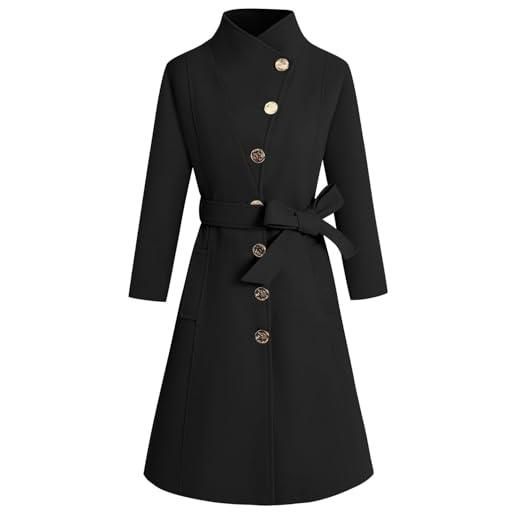 Goolecrimp trench monopetto con collo alto invernale da donna con cintura e tasche elegante cappotto lungo invernale con vita cappotto da pisello giacca con revers (nero, m)
