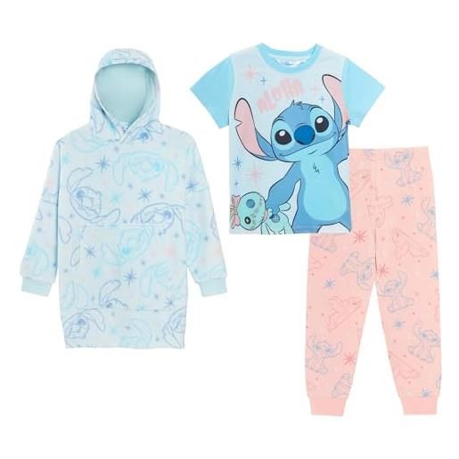 Disney pigiama da ragazza stitch 3 pezzi + felpa con cappuccio oversize per bambini in pile indossabile coperta con cappuccio con pigiama abbinato, multi, 9-10 anni
