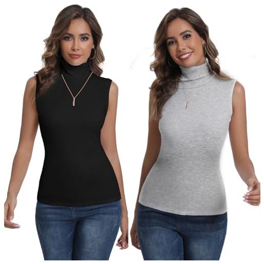 Enjoyoself maglione smanicato in cotone collo alto pullover senza maniche maglia collo alto per autunno inverno, capo sottomaglione-1 nero + 1 grigio/s